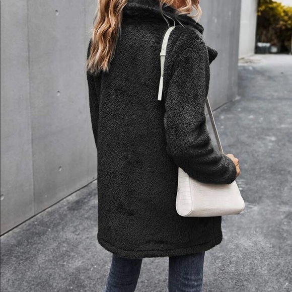 Black comfy button pocket teddy jacket coat - Picture 2 of 14